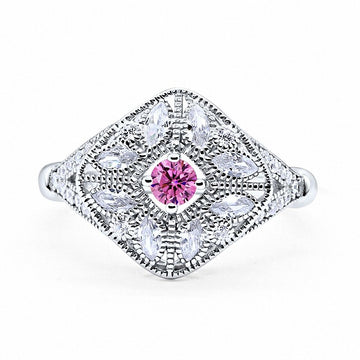 Art Deco Ring Marquise Filigree Simulated Pink CZ 925 Sterling Silver